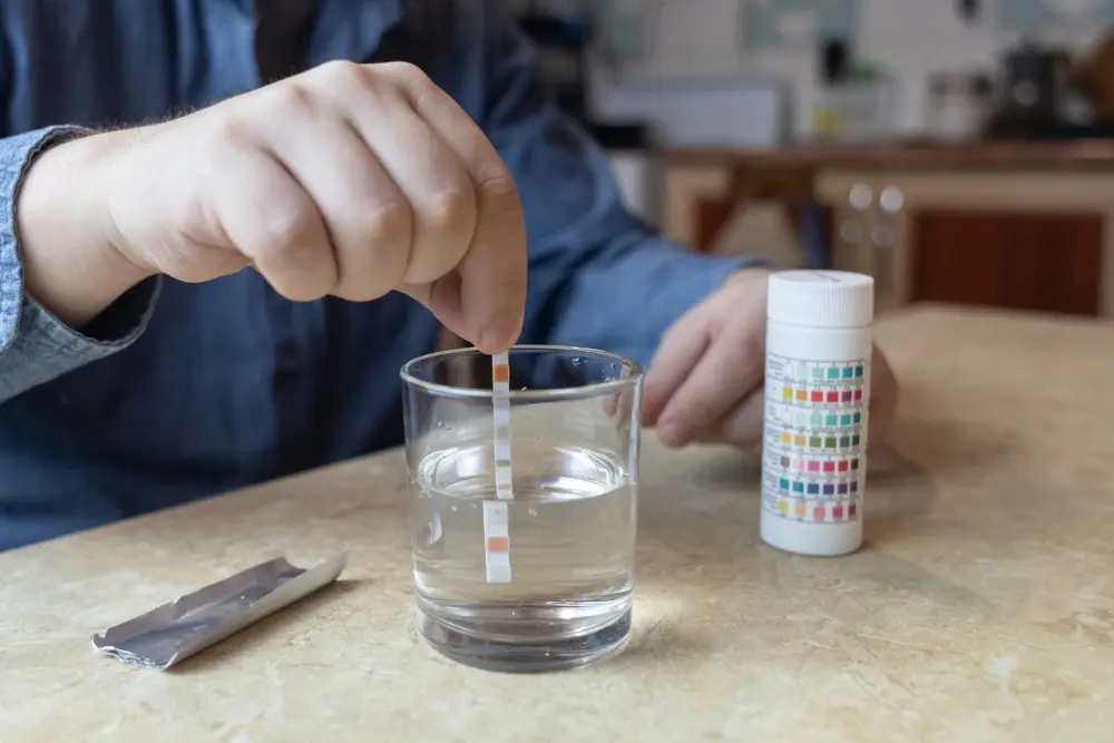 testing a glass of tap water with a professional water test kit and test strips