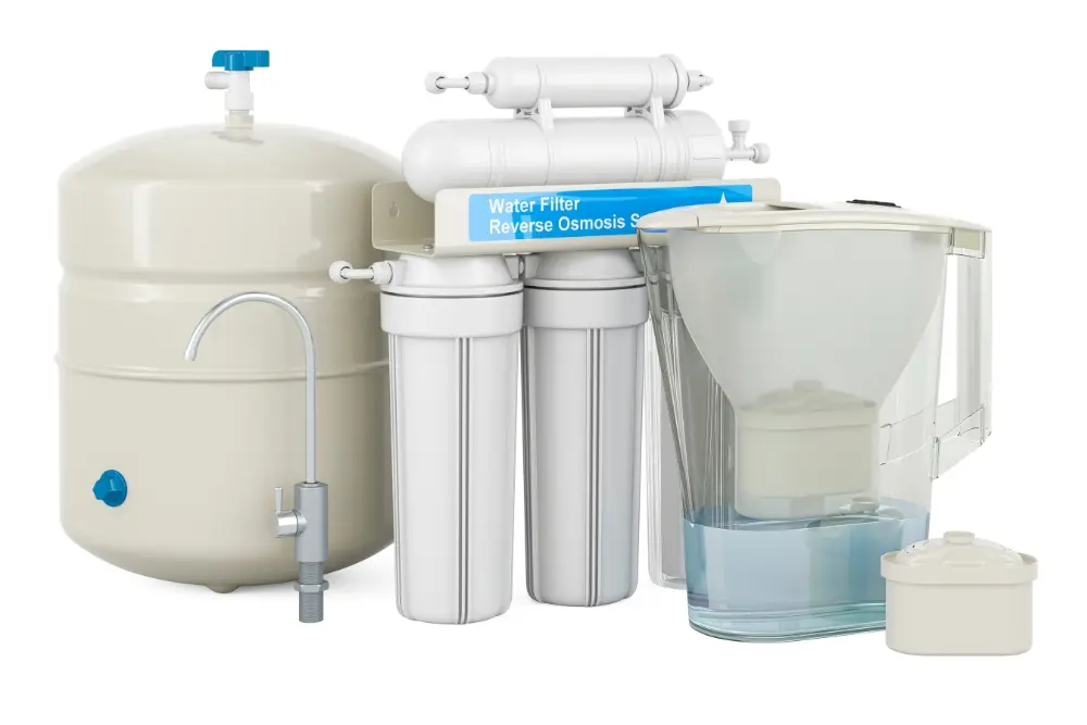 water filtration options including reverse osmosis system, pitcher filter, and faucet attachment