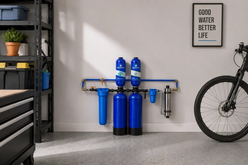 whole-house water filtration system installed in a garage